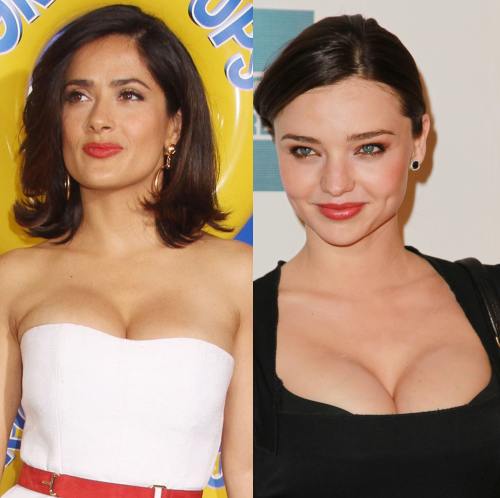 Salma Hayek si Miranda Kerr cu decolteu clasic