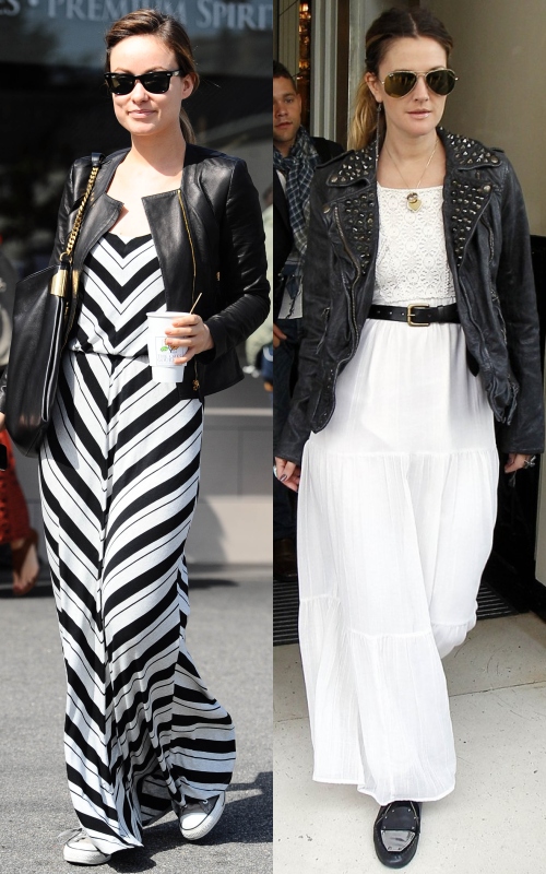 Rochie maxi plus geacă de piele, combinaţia trendy a primăverii