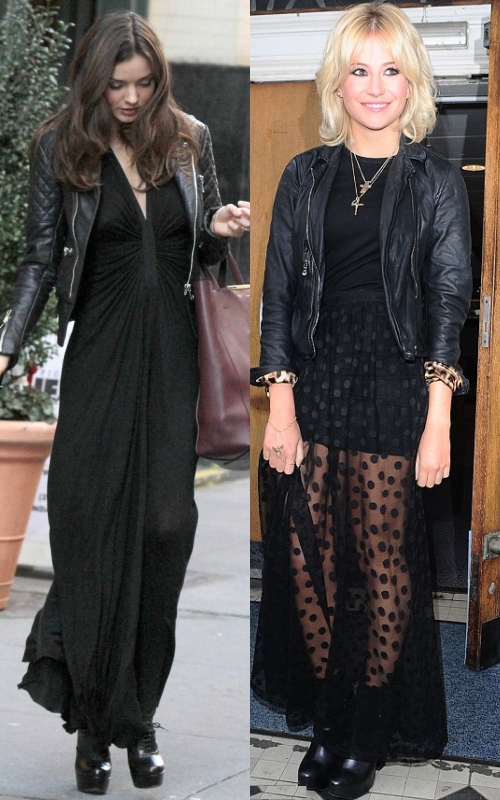 Rochie maxi plus geacă de piele, combinaţia trendy a primăverii