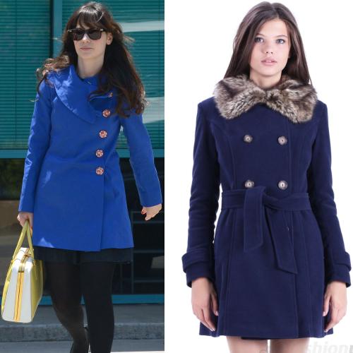 Zooey Deschannel poartă pardesiu albastru