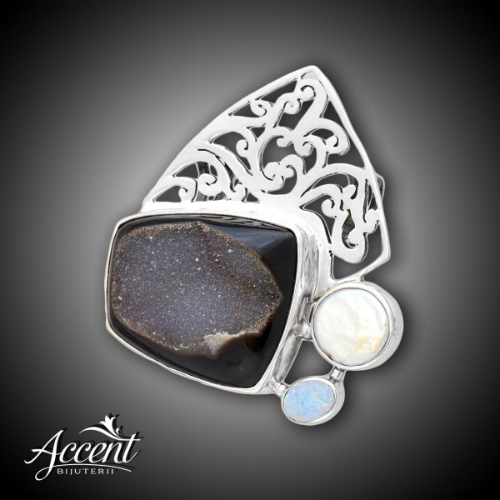 Accent Bijuterii - Pandantiv din argint cu druză de agat perlă de cultură și opal prețios natural