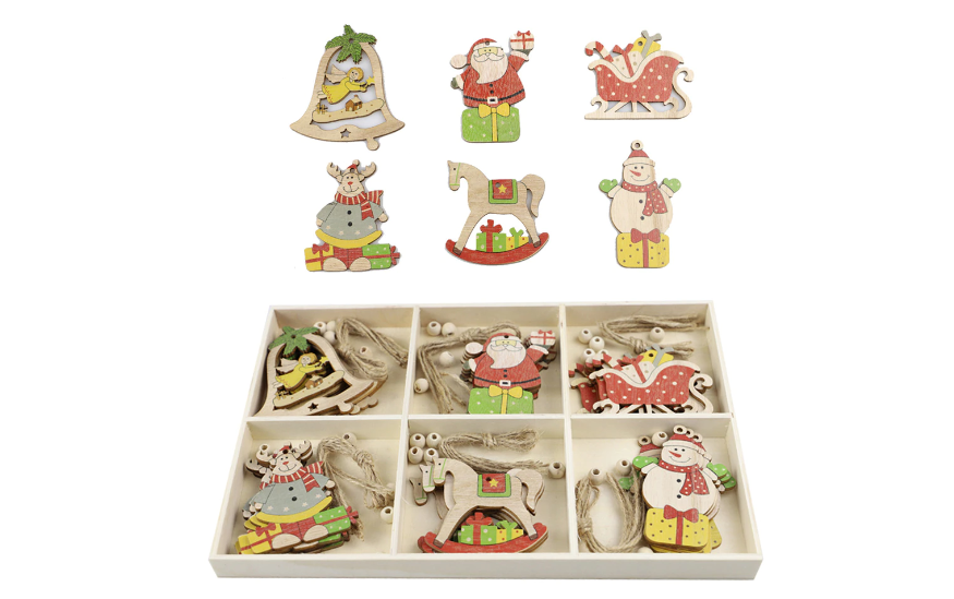Set de 30 ornamente de brad, din lemn