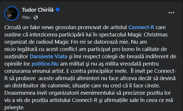 Tudor Chirilă, reacţie acidă, după ce Connect-R a spus că din cauza lui a fost interzis la concertul Kiss FM: „Un distribuitor de calomnie”