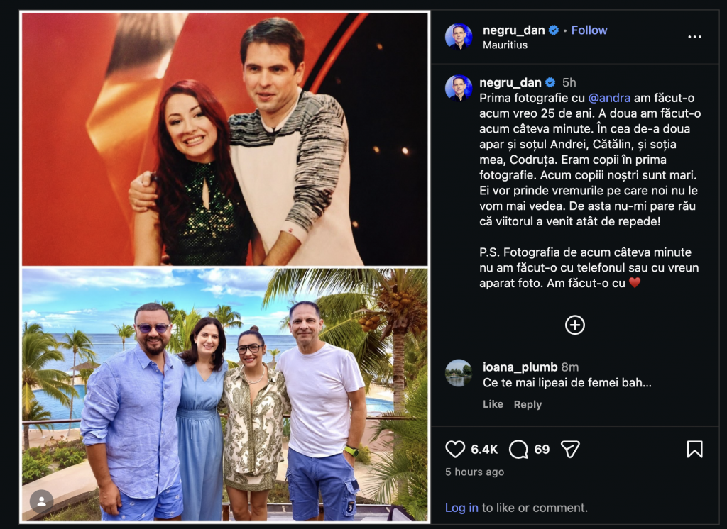 Dan Negru, fotografie de colecție cu Andra, pe care au recreat-o după 25 de ani. Cum s-au afișat cei doi